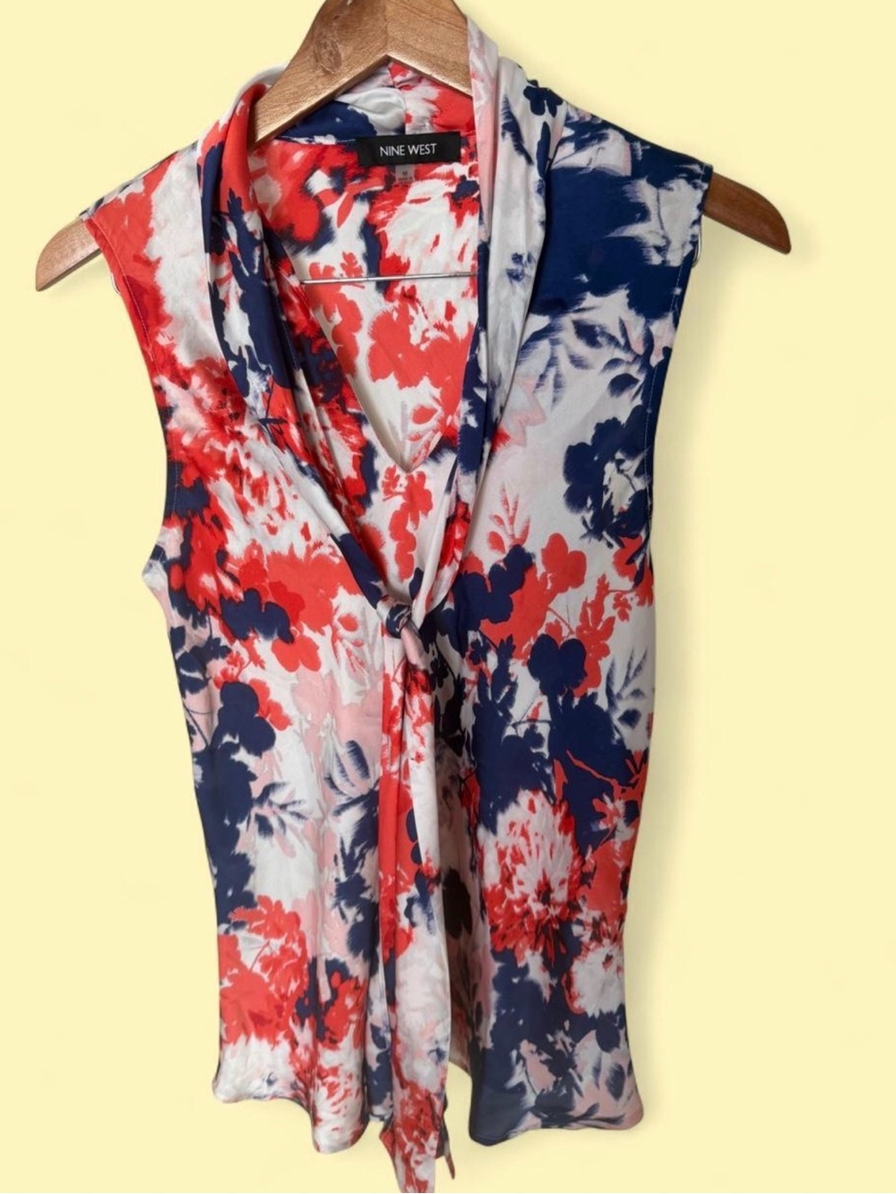 Nine West Red Navy Floral Tie-Neck Scarf Top